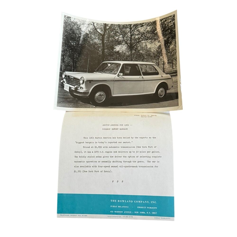 VTG 1969 Austin America Promo Photo Ad Copy British Leyland Dealership Ephemera